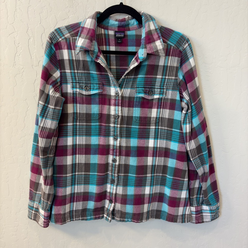 Patagonia Womens Organic Cotton Plaid Flannel Shirt‎ Teal Burgundy Size 8
